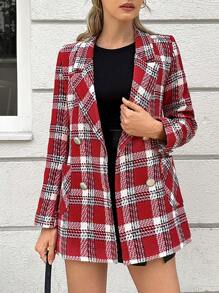 EURMUSE 格紋印花雙排釦西裝外套 - 紅色 - 查看 1