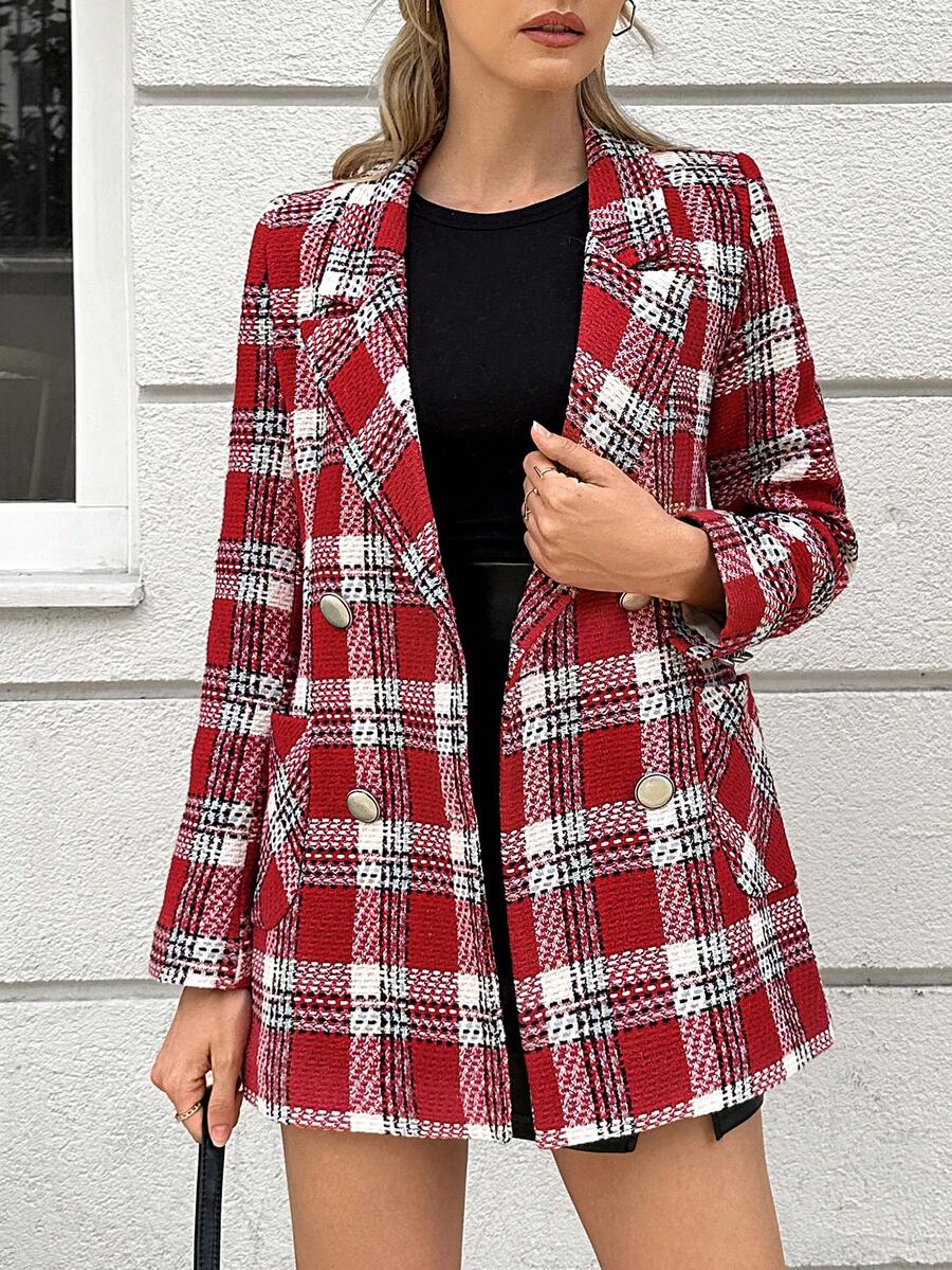 EURMUSE 格紋印花雙排釦西裝外套 - 紅色 - 查看 1