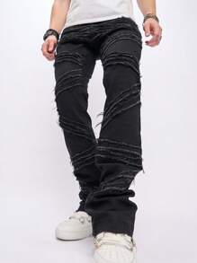 Manfinity Roghcode 男士毛邊緣牛仔褲 - 黑色 - 查看 3