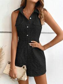 Breezaya Chất rắn Nút phía trước Áo sơ mi Romper - màu đen - Xem 6