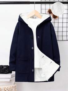 SHEIN Tween Boy Dual Pocket Teddy Lined Hooded Overcoat - Blue - View 1
