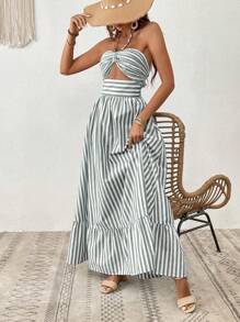 SHEIN VCAY Striped Print Cut Out Ruffle Hem Halter Dress