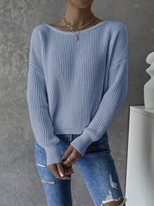 SHEIN LUNE Áo len chui đầu dệt kim gân sọc, không lưng, vai rớt, kiểu dáng xoắn, thích hợp cho mùa thu đông. - Màu xanh nhạt - Xem 3