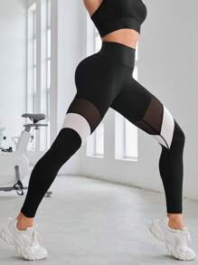 Yoga High Street 撞色嵌入網紗寬腰帶頂針運動打底褲 - 黑色 - 查看 1