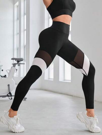 Yoga High Street 撞色嵌入網紗寬腰帶頂針運動打底褲