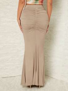 SHEIN SXY Ruched Mermaid Hem Solid Skirt - Khaki - View 3