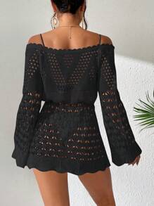 Hollow Out Drawstring Waist Off Shoulder Cover Up Dress Without Bikini Set Mini Short Women Outfit Fall Cloth For Women - Black - View 2