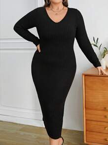 SHEIN Essnce Plus Solid Ribbed Knit Bodycon Dress - Black - View 1