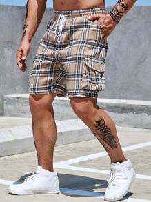 Manfinity Homme Men Plus Plaid Print Flap Pocket Drawstring Waist Shorts - Khaki - View 7