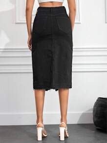 RueChic Button Fly Raw Hem Split Thigh Denim Skirt - Black - View 2