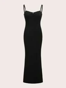 SHEIN EZwear Chất rắn Nếp gấp Phần Ngực Váy Dây - màu đen - Xem 1