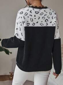 SHEIN LUNE Graphic Pattern Eyelash Lace Trim Drop Shoulder Cardigan - Black and White - View 2