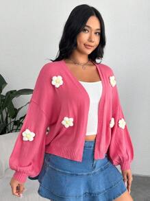 SHEIN EZwear 大碼立體花卉落肩袖開襟開衫 - 粉色 - 查看 6