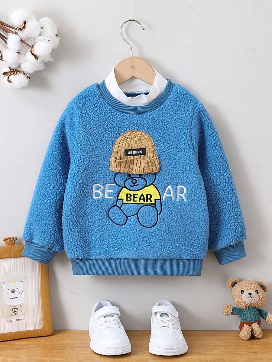 SHEIN 男小童字母&小熊刺繡絨毛運動衫無襯衫 - 藍色 - 查看 1