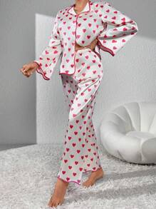 Heart Print Contrast Binding Satin PJ Set / Pajama Set White Set - White - View 3