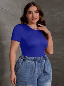 SHEIN Essnce Plus Solid Slim Fit Tee Bodysuit - Royal Blue - View 5
