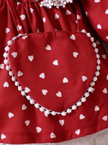 Baby Girl Heart Print Ruffle Trim Flare Sleeve Dress With Bag - Red - View 8