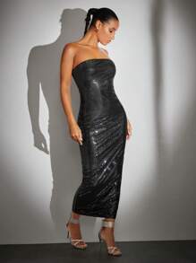 SHEIN BAE Vestido ajustado tubo de color metálico - Negro - Ver 4