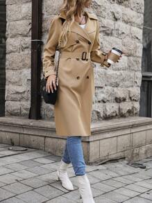 SHEIN LUNE Đôi ngực Thắt lưng Áo khoác Trench - Màu Khaki - Xem 3