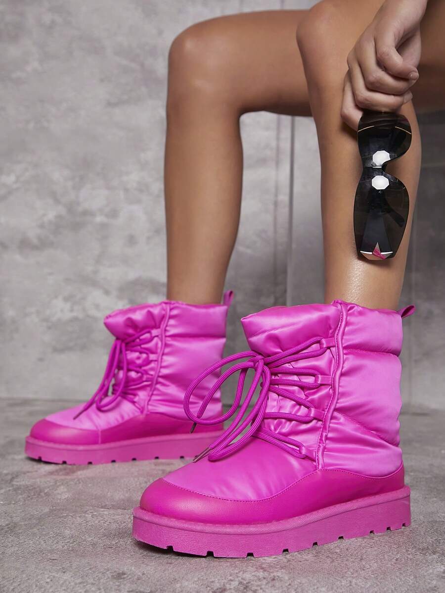 SHUZIA Satin Lace Up Lug Sole Boots - Hot Pink - View 1