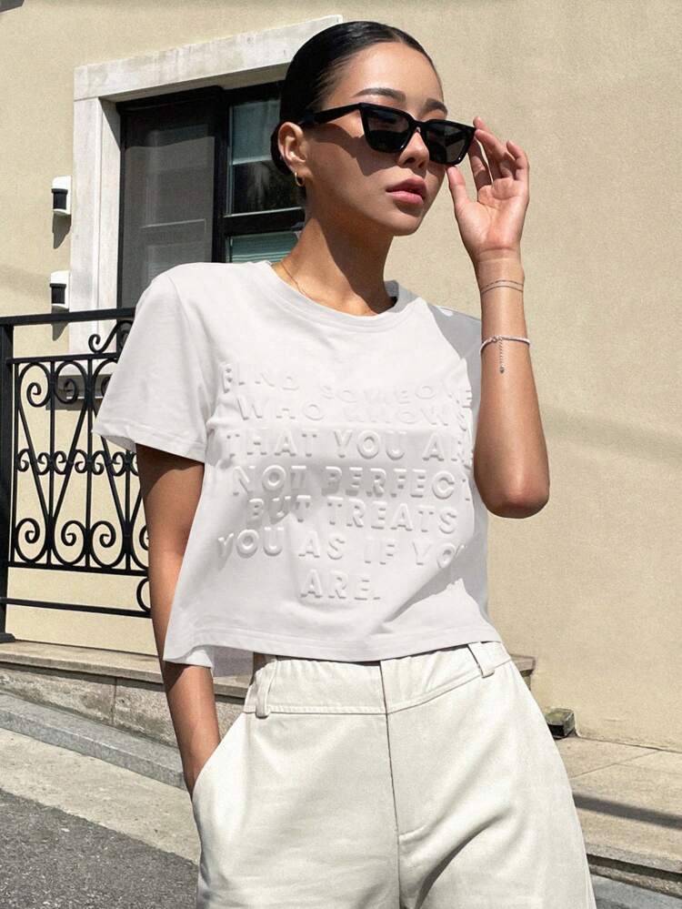 Letter Embossed Tee FIND SOMEONE WHO LOVES THAT YOU ARE NOT PERFECT BUT TREATS YOU AS IF YOU ARE Summer,Crop Tops Women