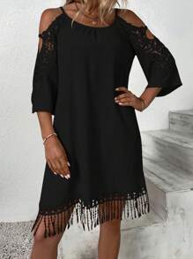 SHEIN VCAY 挖肩流蘇下擺洋裝 - 黑色 - 查看 5