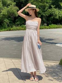 DAZY Gingham Print Tube Dress - Yellow - View 4