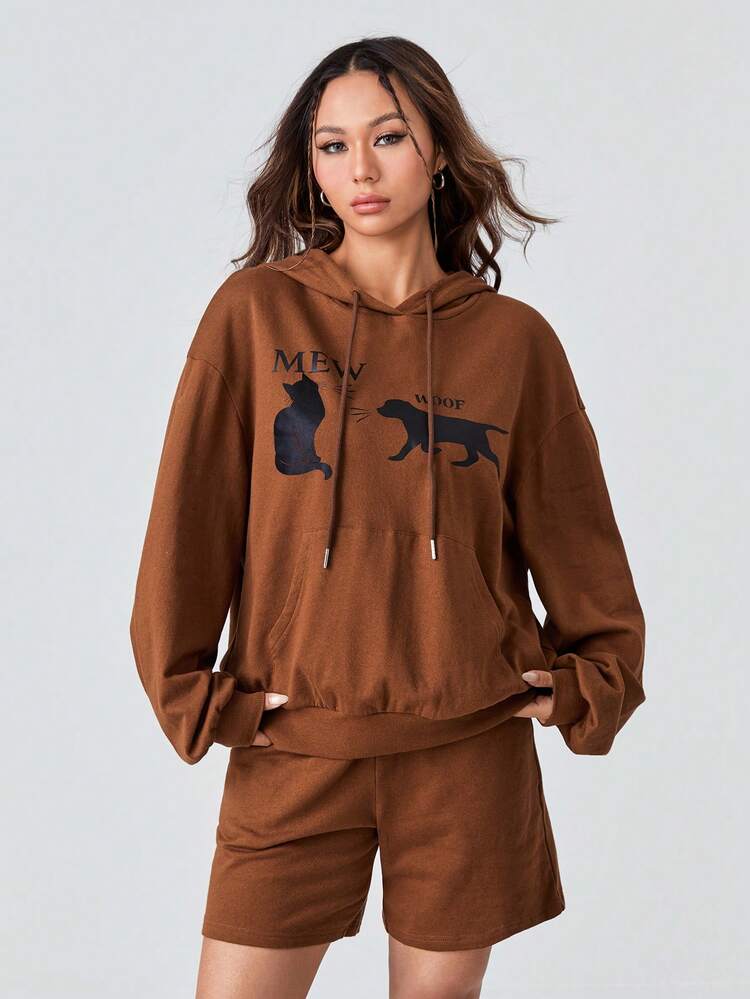 Cartoon Graphic Drop Shoulder Drawstring Hoodie & Shorts