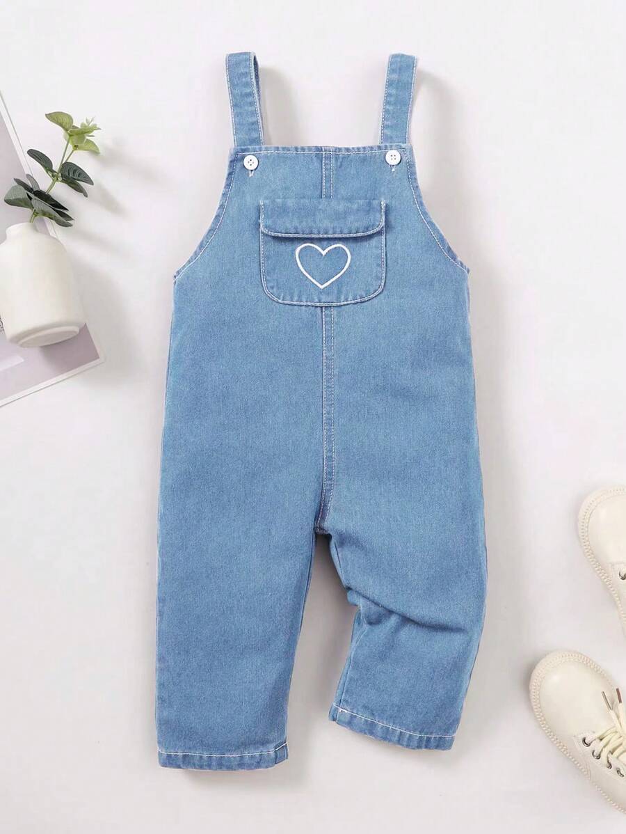 SHEIN Playful Pals Baby Girl Heart Embroidery Flap Pocket Denim Overall - Light Wash - View 1