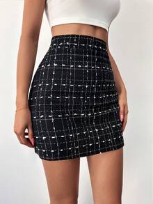 EURMUSE Plaid Print Bodycon Skirt - Black - View 5