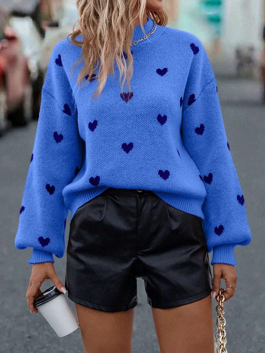 SHEIN Clasi 愛心圖案小高領落肩袖套頭毛衣 - 藍色 - 查看 1