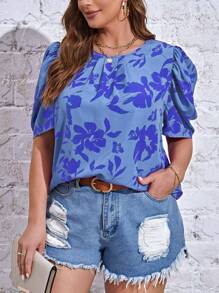 SHEIN Privé Plus Floral Print Puff Sleeve Blouse - Blue - View 1