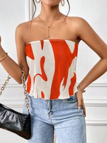 SHEIN Privé Allover Print Tube Top - Orange - View 4
