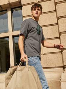 男士字母圖案T恤 - 深灰色 - 查看 4