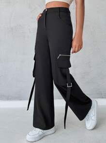 RueChic High Waist Flap Pocket Side Cargo Pants - Black - View 5