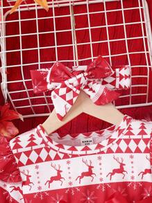 Baby Girl Geo Print Ruffle Trim Mesh Hem Belted Dress With Headband - Red and White - View 3