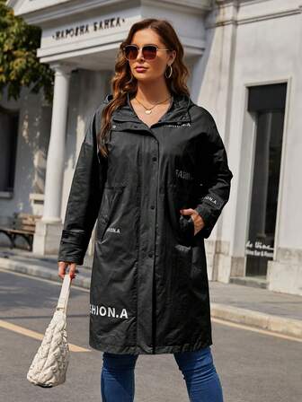 Astrid Letter Graphic Zip Up Hooded Drop Shoulder Coat