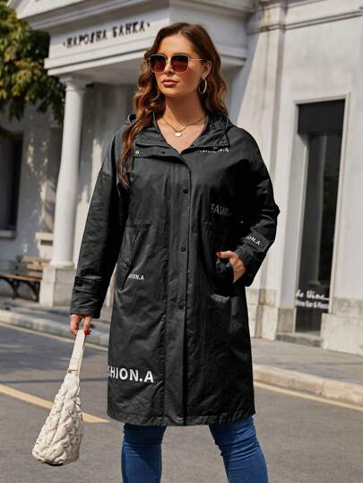Astrid Letter Graphic Zip Up Hooded Drop Shoulder Coat