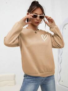 INAWLY Heart Print Drop Shoulder Sweatshirt,Long Sleeve Tops - Khaki - View 5