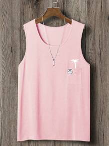 Manfinity Chillmode Men Tropical Print Patched Pocket Tank Top - Pink - View 1