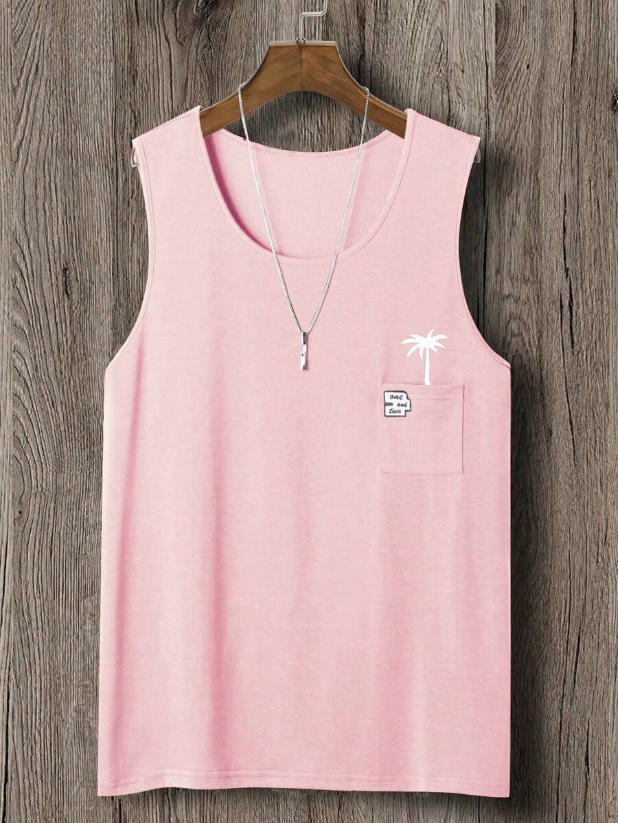 Manfinity Chillmode Men Tropical Print Patched Pocket Tank Top - Pink - View 1