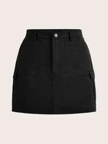 SHEIN EZwear Valentine's Day Peach Woven Fabric Women'S Mini Cargo Skirt - Black - View 1