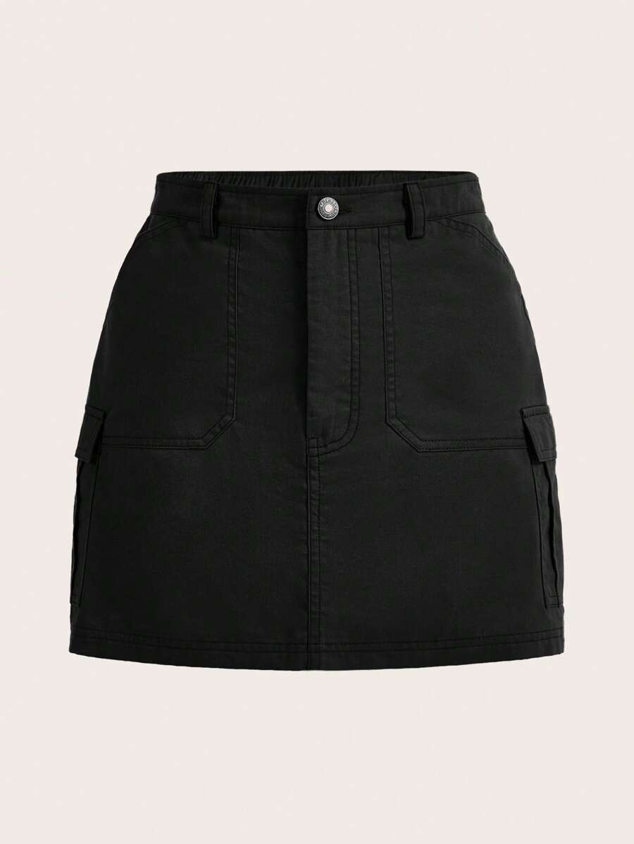 SHEIN EZwear Valentine's Day Peach Woven Fabric Women'S Mini Cargo Skirt - Black - View 1