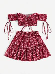 Soleia All Over Print Knotted Bardot Top & Skirt Set - Burgundy - View 3