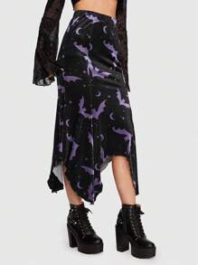 ROMWE Goth Bat Print Asymmetrical Hem Skirt - Black - View 4