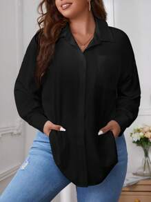 SHEIN Essnce Plus Patched Pocket Drop Shoulder Shirt - Black - View 1