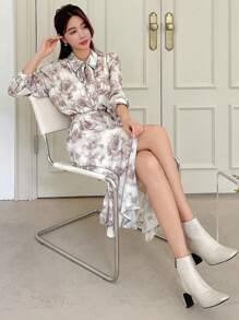 DAZY Sukienka z nadrukiem na całej powierzchni i paskiem przy szyi, sukienka jesienna - Morela - Zobacz 5