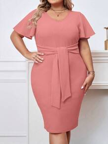 SHEIN Privé Plus Butterfly Sleeve Knot Front Bodycon Dress - Baby Pink - View 1