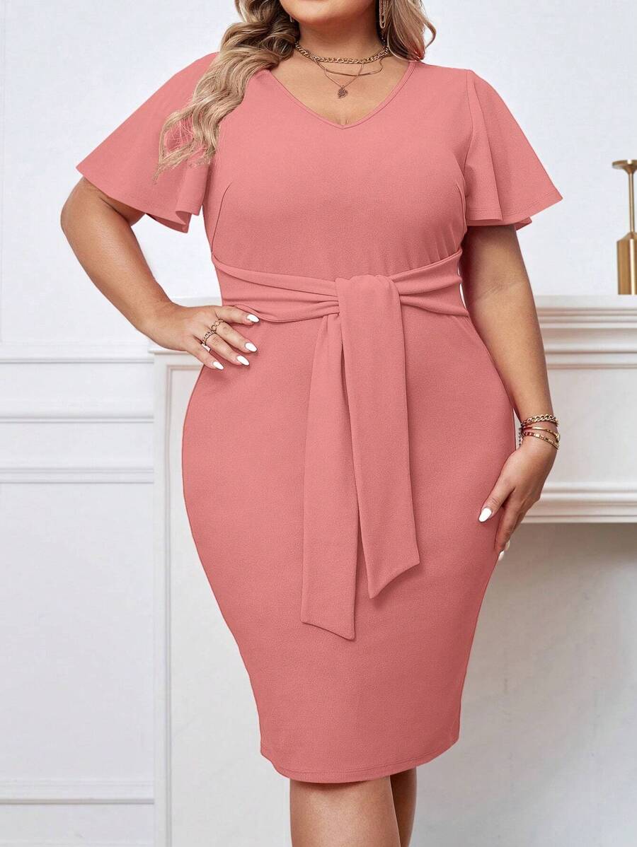 SHEIN Privé Plus Butterfly Sleeve Knot Front Bodycon Dress - Baby Pink - View 1
