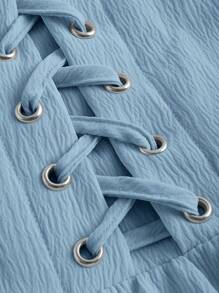 SHEIN MOD 素色前繫帶泡泡袖洋裝 - 淺藍色 - 查看 4